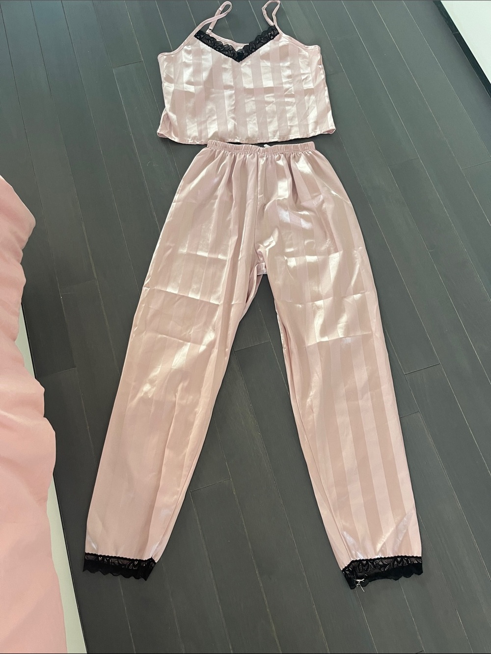 Pink Satin Striped Pajama Joggers and Cami Set with Lace Trim